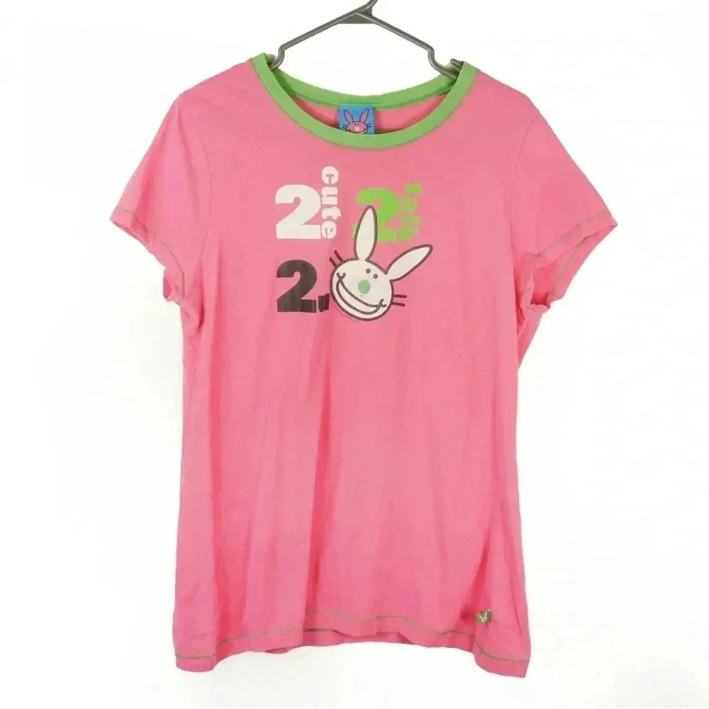 Vintage Y2K 2000s Happy Bunny 2 Cute 2 Talk 2 U Pink Short Sleeve Shirt